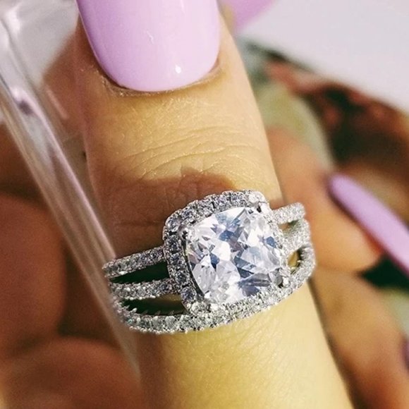 NEW 2pc/set 925 Silver Cushion Diamond Halo Ring - Picture 3 of 5